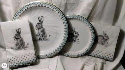 104 pc Spode Easter DINNER SALAD PLATES GUEST LUNCH NAPKINS Rabbit Meadow Lane - Image 1 of 4