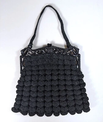 Vintage Art Deco 30's Black Popcorn Crochet Evening Hand Bag Purse Made in USA - Image 1 of 4