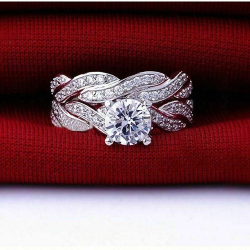 3 Ct Solitaire Halo Ring Set Round Cut Simulated Diamond 14K White Gold Finish