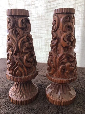 "Juego de 2 jarrones MCM Mid Century modernos de madera de teca tallados a mano" Foto 1 de 4