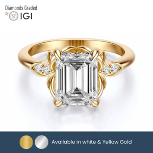 Anillo de compromiso de diamantes cultivados en laboratorio corte esmeralda IGI 2,10 quilates F VS2 de oro amarillo de 14 k - Imagen 1 de 4