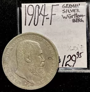 1904-F GERMAN 5 Mark (WURTTEMBERG) Silver! World Coin. ENN Coins - Picture 1 of 3