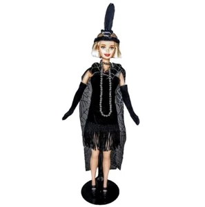 OOAK Halloween Fashion Doll wearing 1920s Flapper Costume Black Spider Web Dress - Picture 1 of 14