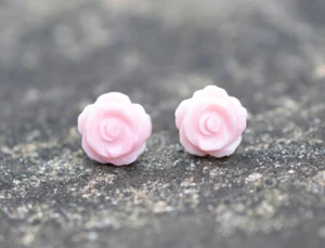 Mother of Pearl Carved Shell Studs Pink Rose Flower Earrings Sterling Silver Set - Picture 1 of 5