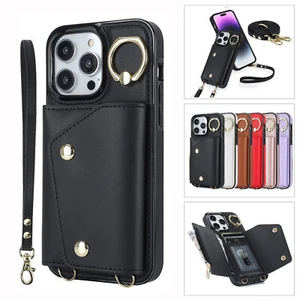 Luxury Ring Wrist Shoulder Lanyard Wallet Leather Case Cover For Apple iPhone - Picture 1 of 76