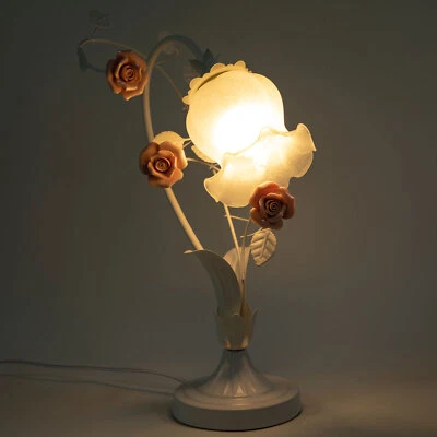 Pink Roses Flower Table Lamp Bedside Lamp Floral Glass Desk Lamp LED E26 US - Image 1 of 4