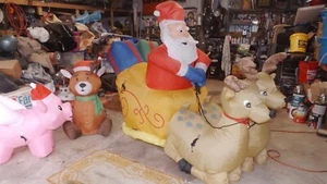 Vtg 8 Foot Santa Claus, Reindeer and Sleigh Christmas Airblown Inflatable VIDEO! - Picture 1 of 8