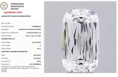 5.02 Cushion Mixed Lab Created Diamond For Engagement Ring IGI Certified D VVS2 - Image 1 of 4