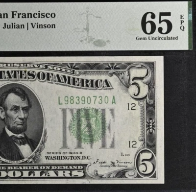 1934B $5 Federal Reserve Note PMG 65EPQ - Top Pop LA Block - Gem Fr 1958-L - Image 1 of 4