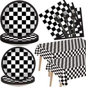 98 PCS Black and White Checkered Racing Party Supplies Car Party Tableware Set - Imagen 1 de 12