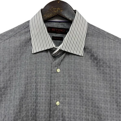 Etro Men's 41 Slim Gray/Black Geometric Contrast Collar/Cuff Button Front Shirt - Image 1 of 4