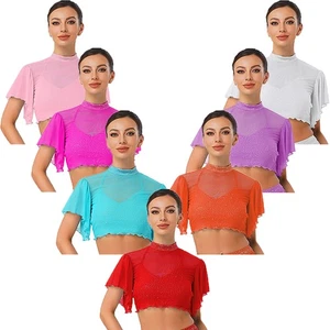 Womens Crop Top Pole Tops Short Sleeve Shirt Daily Wear Dance Sheer Cardigan - Picture 1 of 96