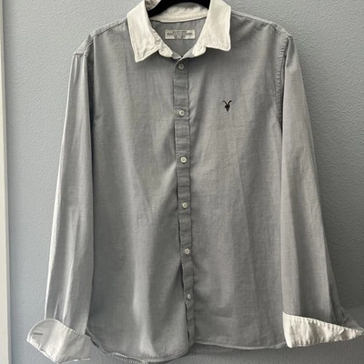 All Saints Shirt Mens XL Gray White Collar & Cuff Long Sleeve Button Up Ramskull - Image 1 of 4