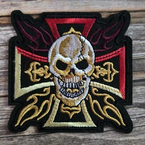 Skull Iron Cross Biker Outlaw Retro 80's Style Embroidered Iron On Patch - Picture 1 of 2