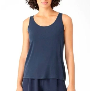Camiseta sin mangas Eileen Fisher para mujer cuello redondo suave elástica seda talla L azul marino - Imagen 1 de 8