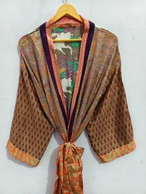 Floral Silk Kimono Robe, Green Sari Style, Lounge Wear, B-5771 - Image 1 of 4