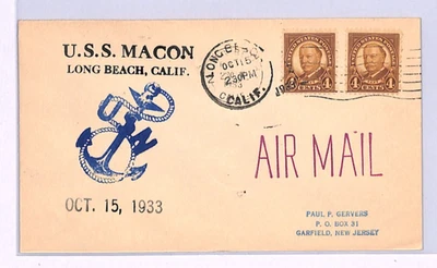 USA AIRSHIP USS MACON Air Mail Cover 1933 Long Beach California{samwells}XA68 - Image 1 of 4