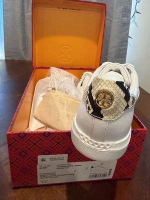 NEW IN BOX Tory Burch Titanium White Tennis Shoes Snake Print . FREE SHIPPING!!! - Image 1 of 4