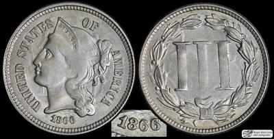 1866 Three Cent Nickel, Trime, Almost Uncirculated+ Condition, Brokage, C6723 - Image 1 of 3