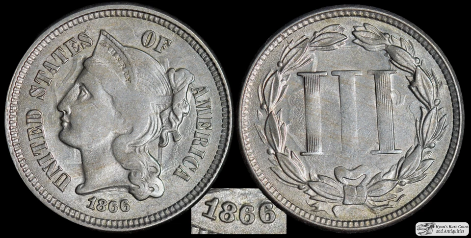 1866 Three Cent Nickel, Trime, Almost Uncirculated+ Condition, Brokage, C6723 - Image 1 of 3