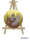 Hand painted icon of the prophet Jeremiah holding a Scroll, on a 9cm round wood