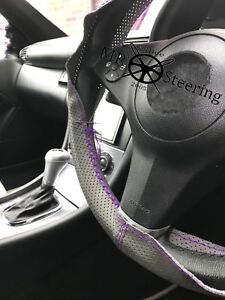 Para VW Polo MK4 Gris Cuero Perforado Cubierta Volante 02 + Violeta Doble St