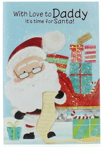 "Tarjeta de Navidad de papá - Lindo Santa con lista de regalos en trineo y brillo 7,5"" x 5,25" - Imagen 1 de 1