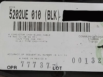 Cable de audio/seguridad comercial Belden 5202UE 16/4C CMR elevador negro/50 pies Foto 1 de 4