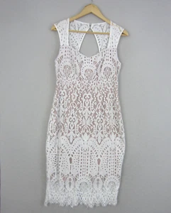Portmans Signature Dress Womens 12 White Beige Lace Sheath Fitted Event Cocktail - Picture 1 of 18