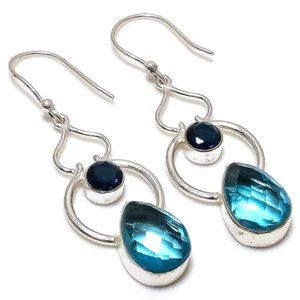 Blautopas Iolith Quarz Edelstein versilbert Ohrringe Schmuck 2,5 Zoll - Bild 1 von 1