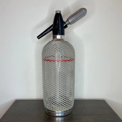 Vintage Glass Soda Siphon Sparkling Water Maker Silver Mesh Black Top - Image 1 of 4
