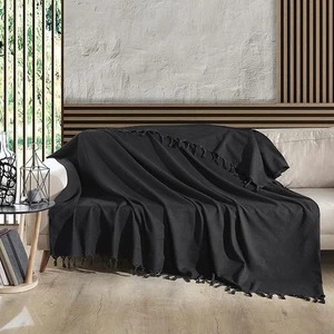 Milam London Black Throw Blanket 100% Cotton Large Throw For Sofas 200 x 230 cm - Picture 1 of 2