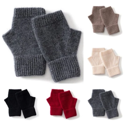 Women Wool Gloves Knitted Fingerless Mittens Winter Thermal Soft Solid Color UK - Image 1 of 4