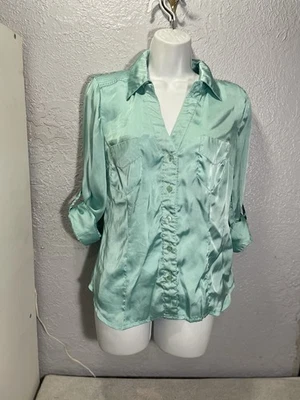 Woman’s  blouses Aqua Size Large Shine Long Sleeve Roll Tab Soft Slimming - Image 1 of 4