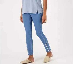 New Womens Isaac Mizrahi Live Divine Denim Pull On Jeans Blue Gold Snaps 14 Tall - Picture 1 of 10