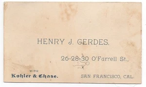 1890er Visitenkarte für Henry Gerdes Kohler & Chase Klaviere San Francisco - Bild 1 von 1