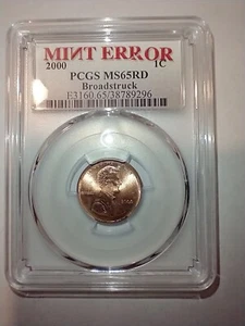 2000 Lincoln Cent Mint Error PCGS Slab Holder MS65RD Broadstruck - Picture 1 of 2