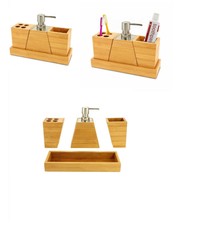 Natural Bamboo Set Soap Dispenser Tumbler and Tray Bathroom 4 piece set New