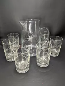 Vintage Etched Flowers Glass Juice Pitcher & 6 Glasses from 1920’s Depression. - Picture 1 of 7