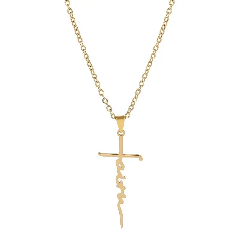Stainless Steel Christian Faith Cross Necklace Men Women Gold Color Fashion