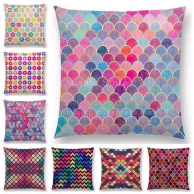 Lovely Geometric Pattern Cushion Cover Pastel Triangles Diamond Colorful Flowers - Image 1 of 4