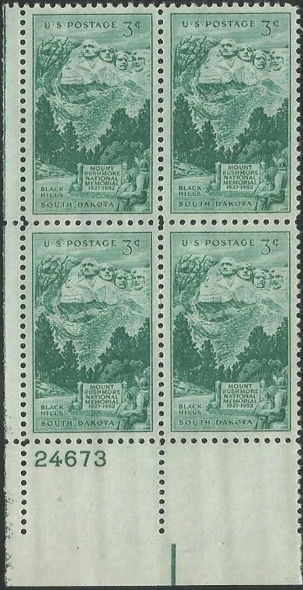 Plate Block of 4 stamps - Scott 1011 - 3 cent - Mount. Rushmore - 1952 - MNH - Image 1 of 1