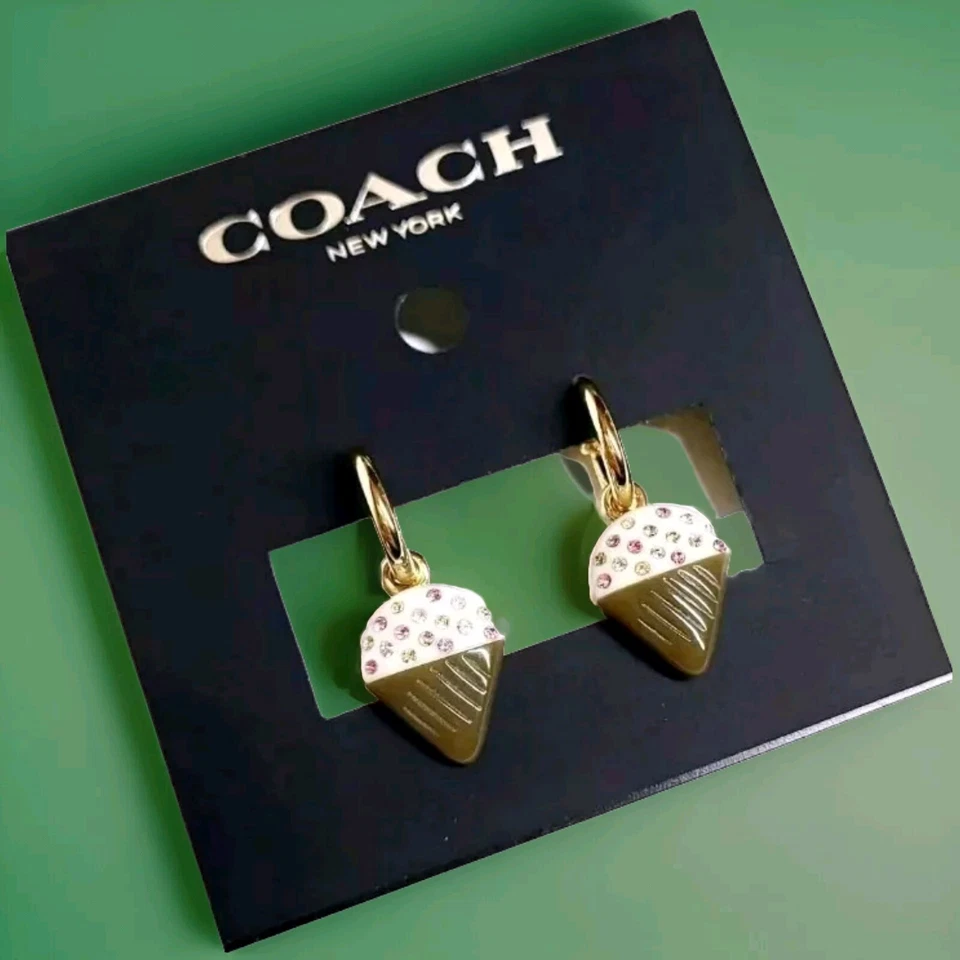 Coach Ice Cream Cone Dangle Huggie Hoop Earrings White Pink Gold Multi CG104