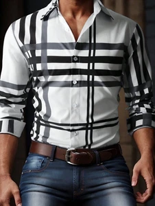 Camisa de Hombre de Vestir Moda Elegantes Casuales Formales De Rayas Cuadros - Picture 1 of 8