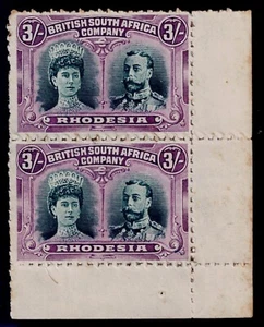 1910 Rhodesia Double Head 3/- SG 158a Clandestine Roulette Short Gash 1 VG UMM - Picture 1 of 2