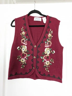 Chaleco Suéter Jantzen Vintage Bordado Para Mujer L Rojo Cárdigan Botón Floral  Foto 1 de 4