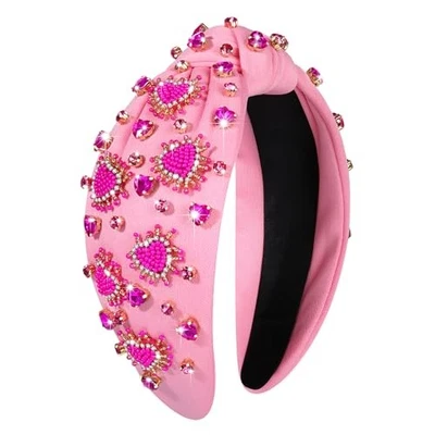 NVENF Women's Jeweled Crystal Rhinestone Knotted Headband - Red Pink Heart 1 - Image 1 of 4