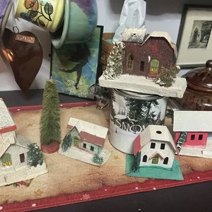 Vintage Japan Pappe Putz Weihnachtshäuser beleuchtet Baumschmuck antik - Bild 1 von 19