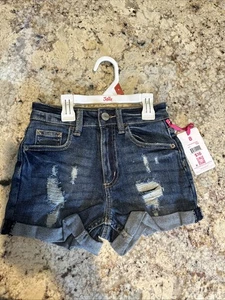NWT Girls JUSTICE Blue Denim Distressed Jean Shortie Shorts sz 8 - Picture 1 of 2