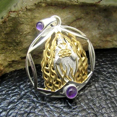Solid 925 Sterling Silver & Gold Accent Christian Archangel Pendant  w/ Gemstone - Image 1 of 4